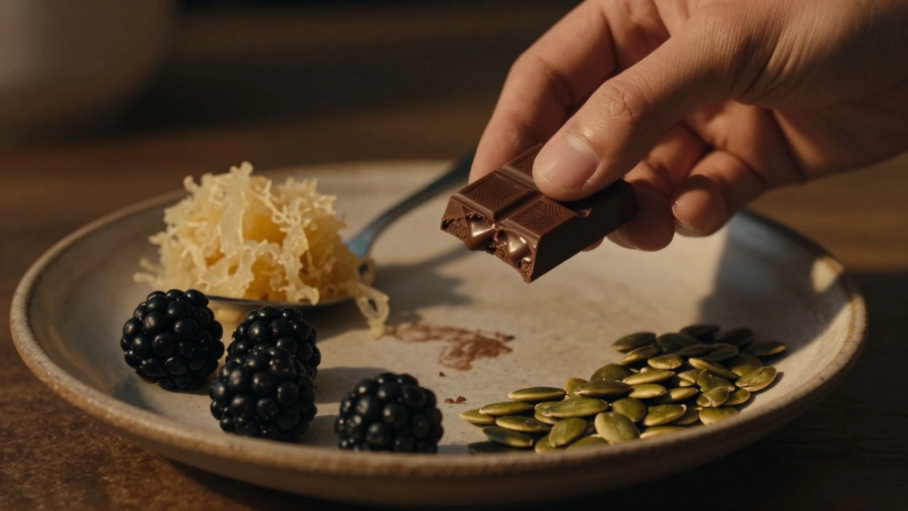 Кусочек темного шоколада, черника и тыквенные семечки на керамической тарелке