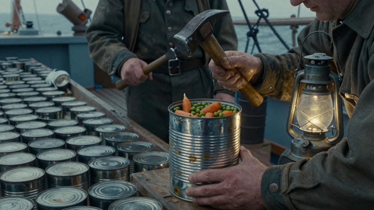 Моряки открывают жестяную банку с консервированными овощами на борту корабля XIX века.