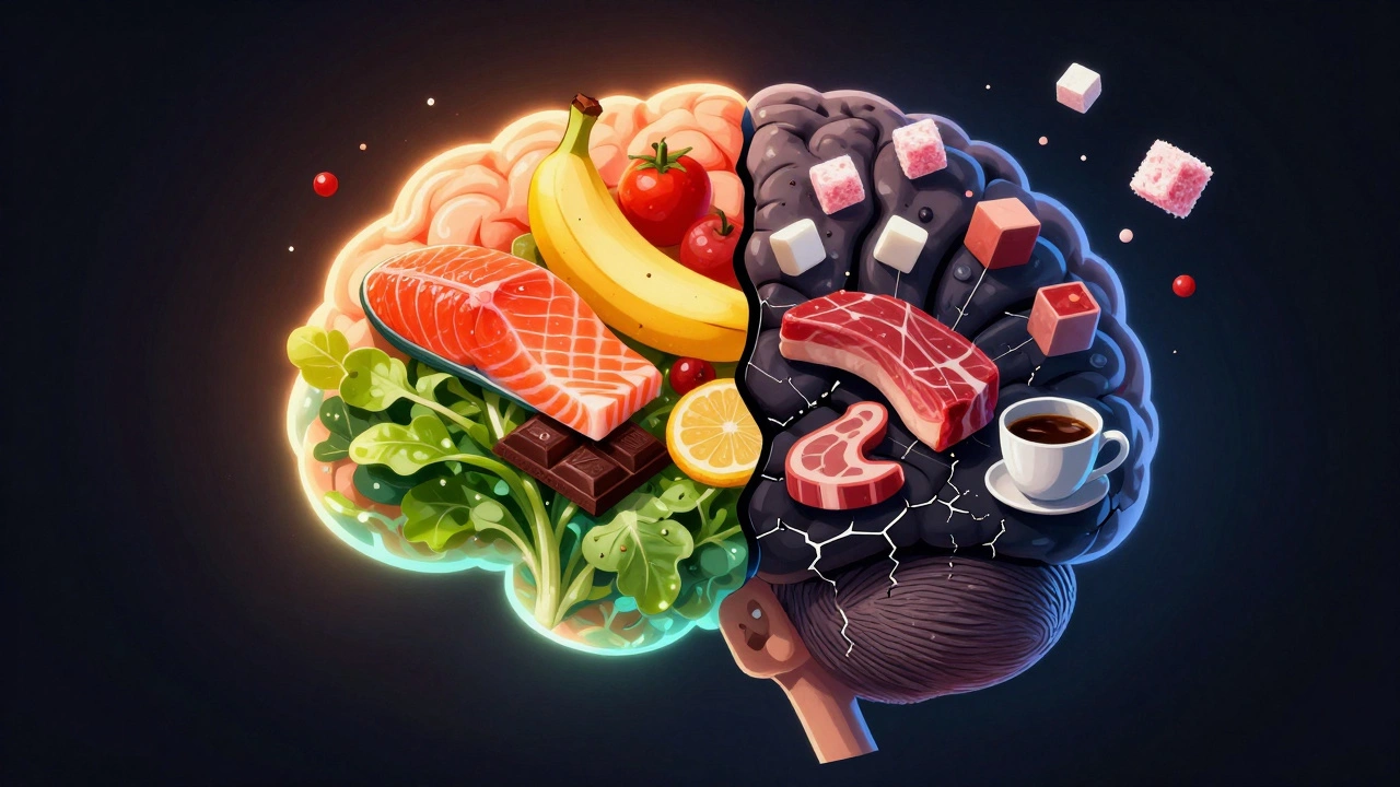 Мозг, разделённый на здоровую и повреждённую части, с едой и вредными продуктами вокруг.