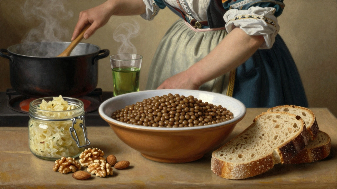 На тарелке — чечевица, орехи, квашеная капуста и цельнозерновой хлеб, на фоне кухни.