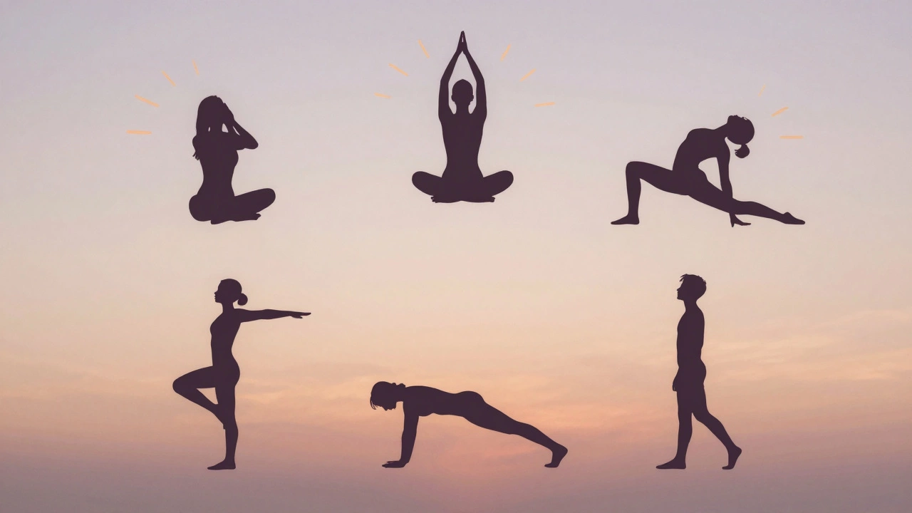 Пять утренних упражнений в виде силуэтов, соединённых солнечными лучами.