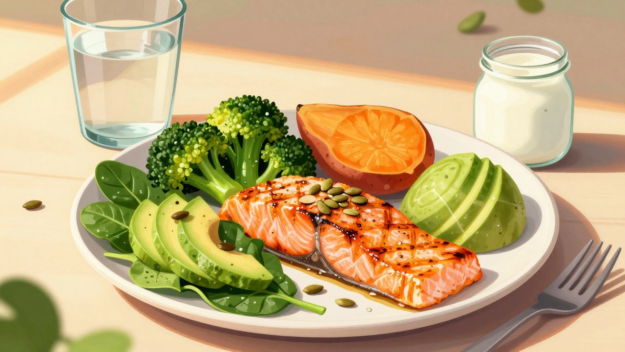 Пlate с лососем, брокколи, сладким картофелем и авокадо в свежем салате