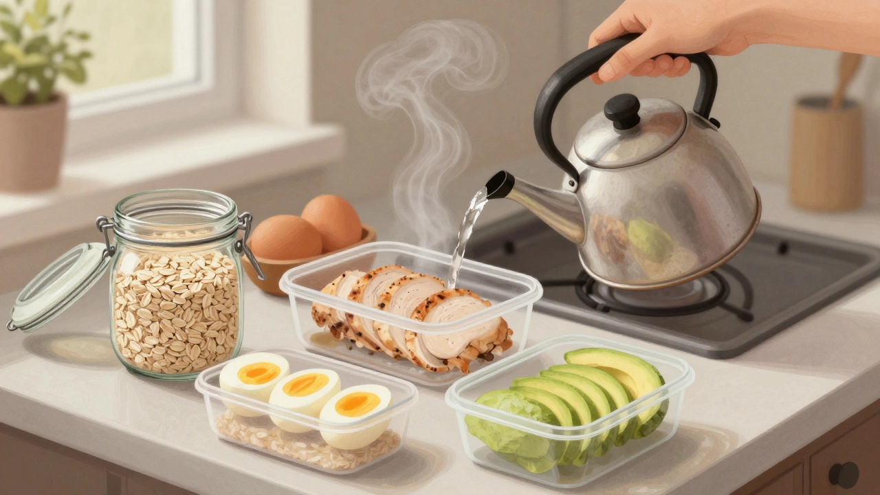 Подготовка полезного завтрака: овсянка, курица, авокадо и яйца в контейнерах на кухне.