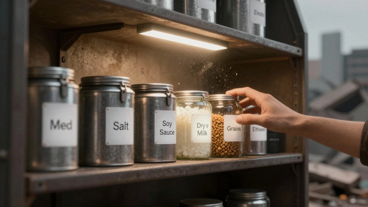 Полки с герметичными контейнерами долгосрочных продуктов в убежище, подсвеченных аварийным светом.