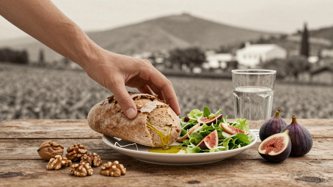 Простая тарелка натуральной пищи — хлеб, орехи, оливковое масло и инжир — символизирует здоровое питание без обработки.