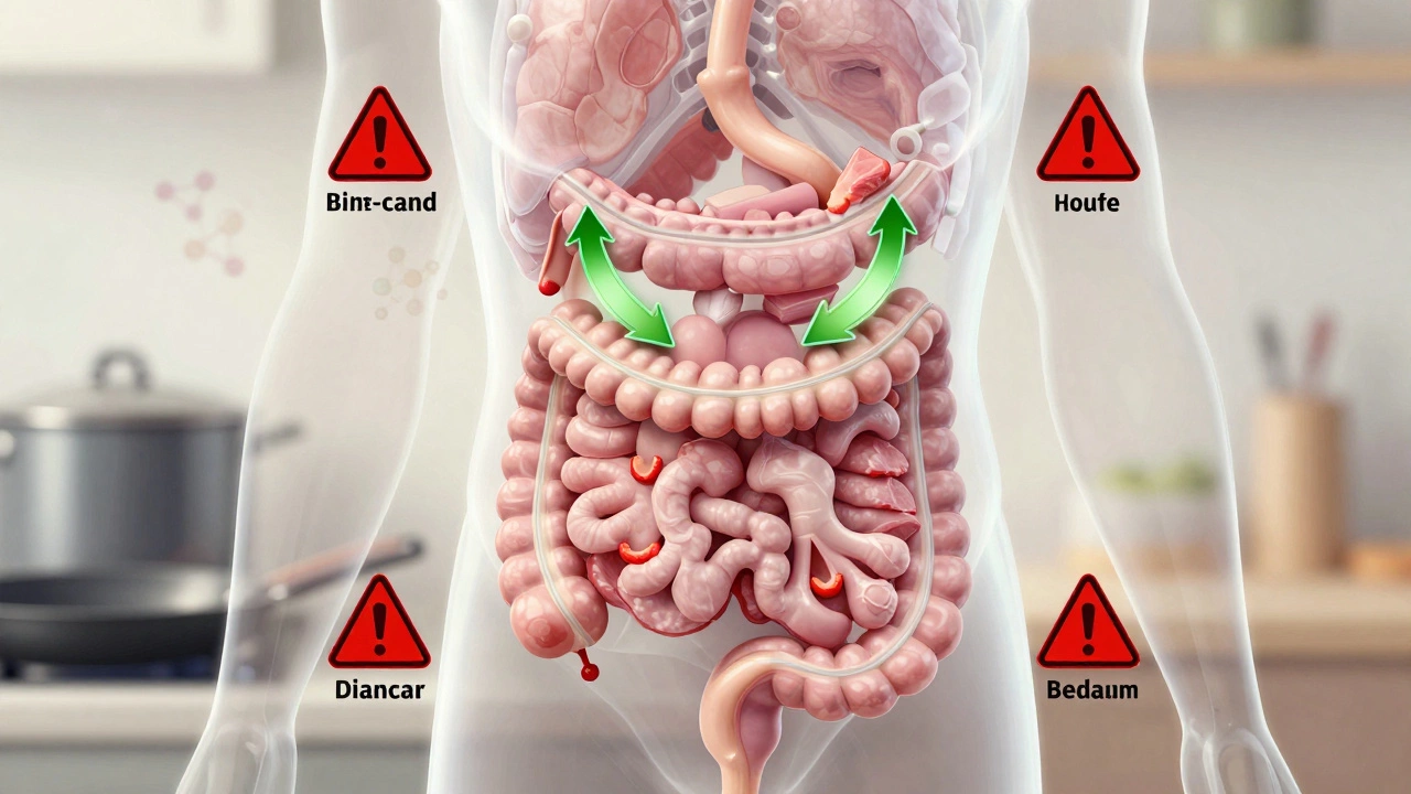 Прозрачное изображение пищеварительной системы с чистыми путями для вареного мяса и опасными частицами для жареного