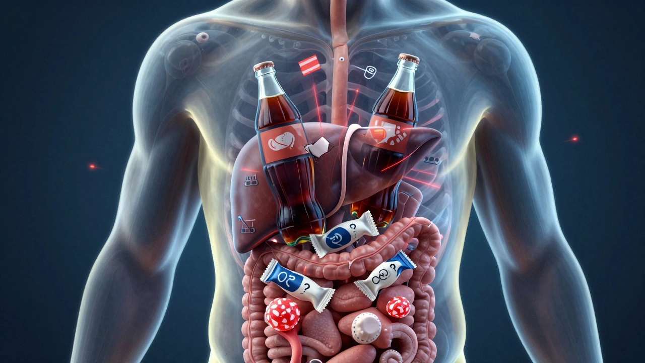 Прозрачное тело с жиром в виде бутылок и конфет внутри печени и живота.