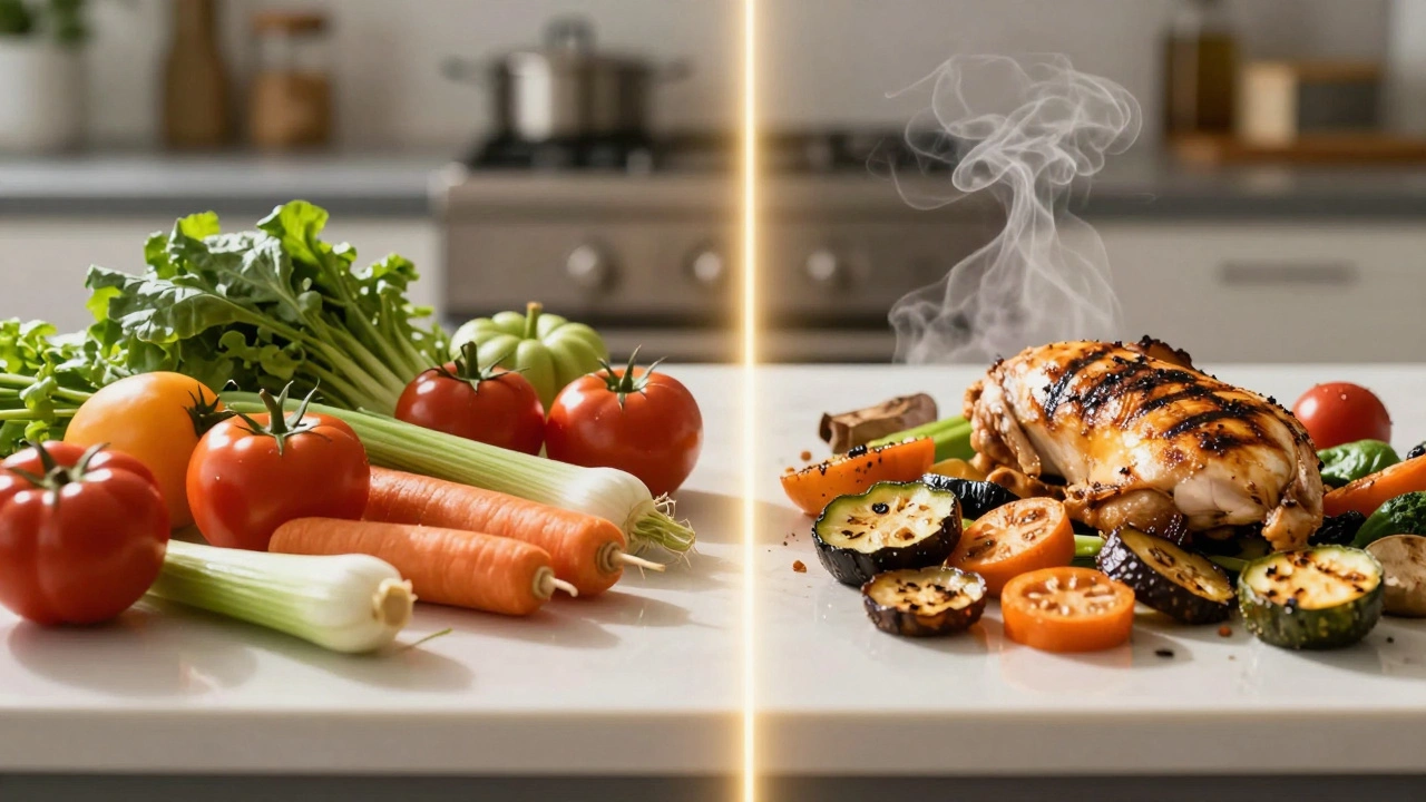 Разделённая кухонная стойка: сырые овощи слева, запечённые справа, между ними пар.