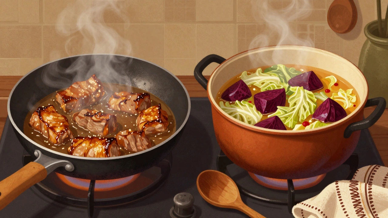 Разделённая сцена: жареное мясо слева и тушёная капуста с свёклой в казане справа.