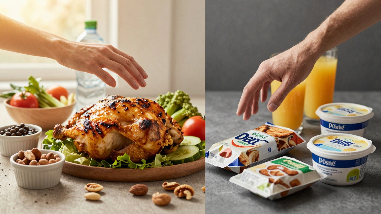 Разделенная сцена: здоровая еда на свету и упакованные продукты в тени.