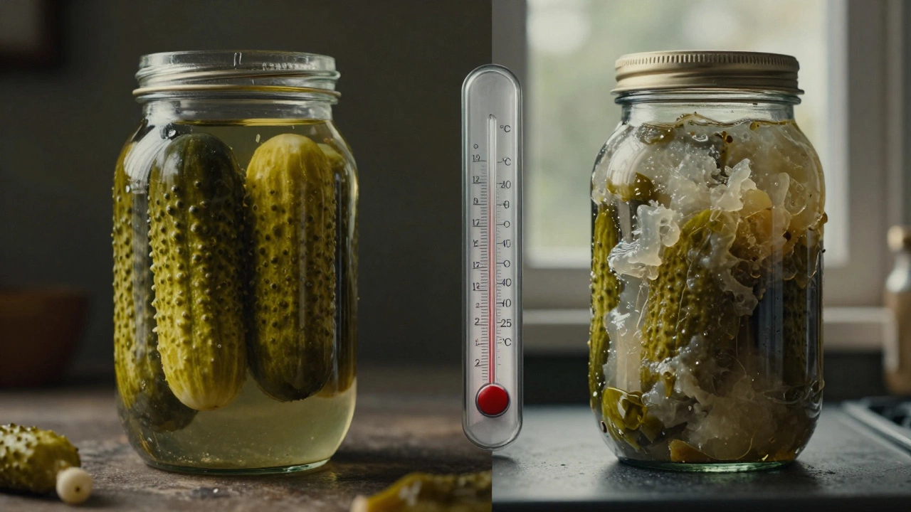 Разделенное изображение: идеальные соленья в прохладном погребе и испорченные на кухне.