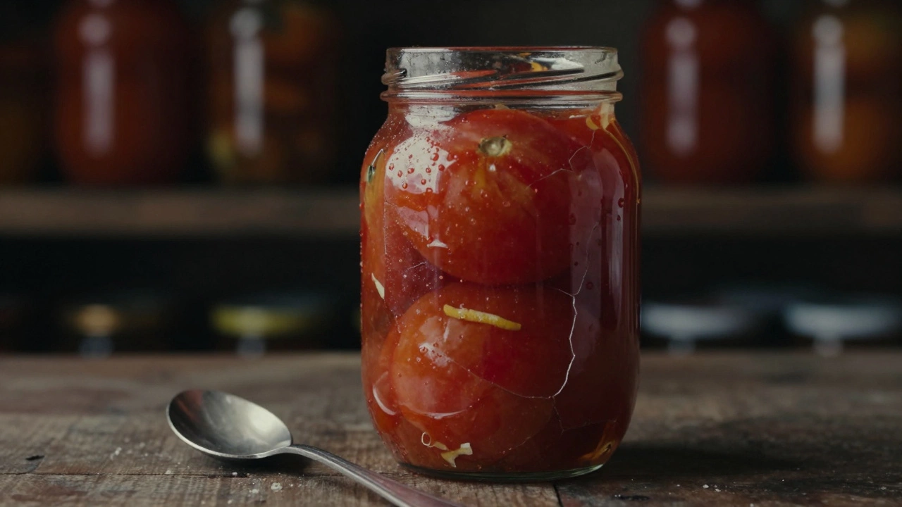 Разрезанная банка с консервированными помидорами, видны лимонная цедра и кристаллы соли.