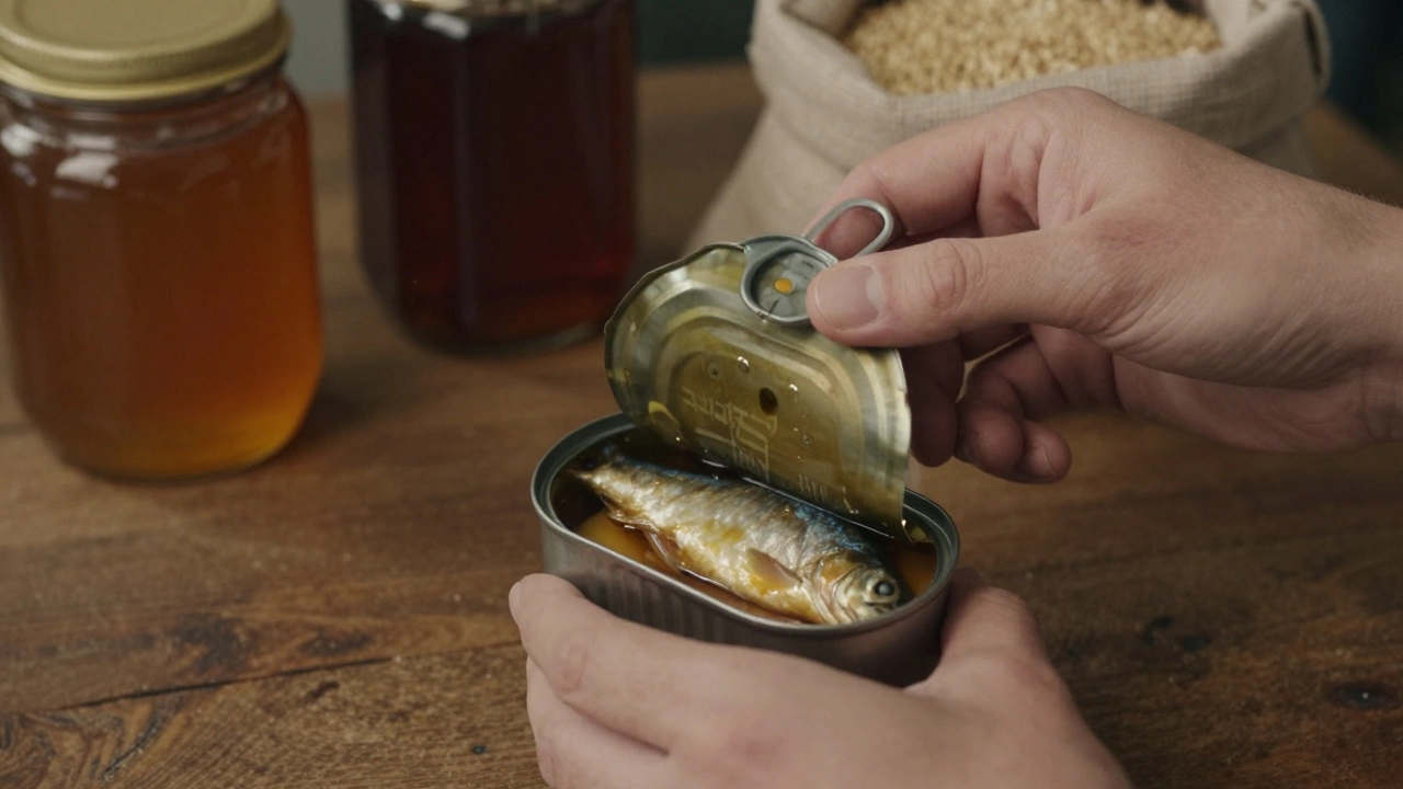 Рука открывает старую металлическую банку с рыбой, рядом на деревянном столе — зерна, мёд и другие продукты для долгосрочного хранения.