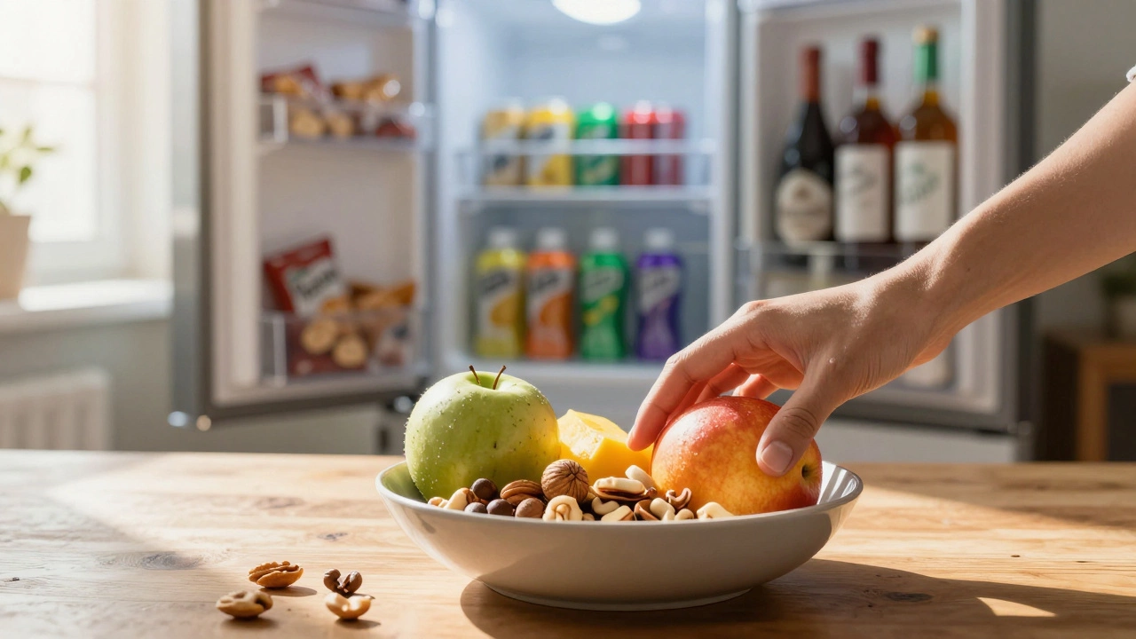 Рука тянется к свежим фруктам, на фоне холодильника с вредными продуктами.