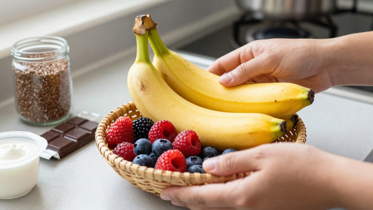 Руки кладут банан и ягоды в корзину рядом с льняным семенем и шоколадом