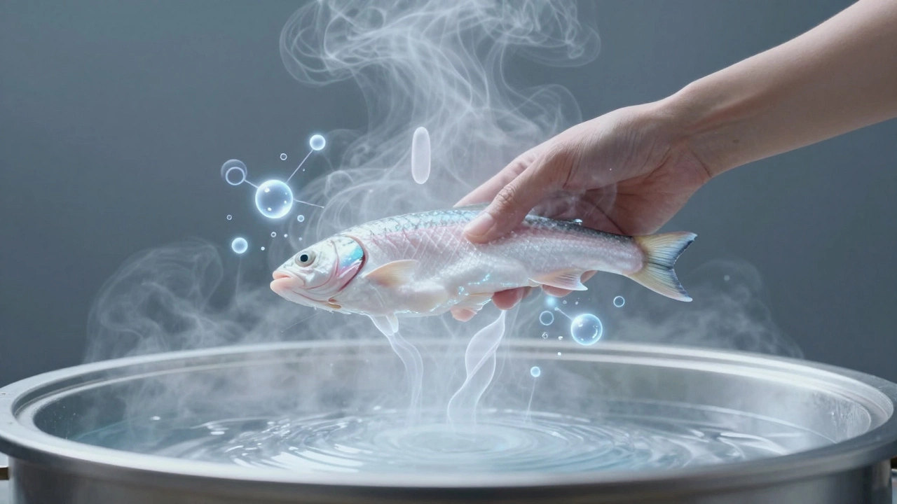 Рыбный филе над паровой камерой, с видимыми молекулами витаминов, поднимающимися в виде светящегося пара.