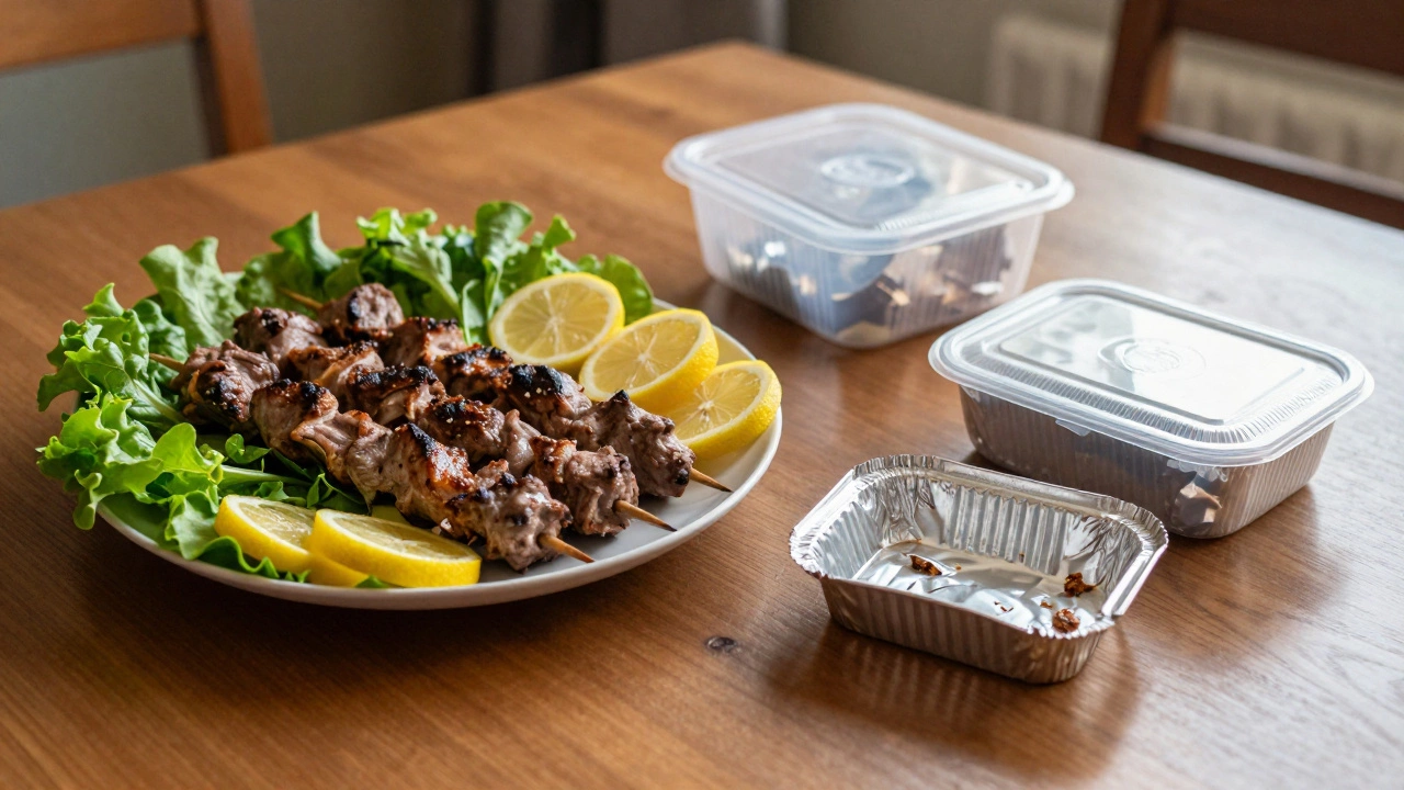 Семейный ужин с шашлыком и овощами рядом с выброшенной фольгой и пластиком.