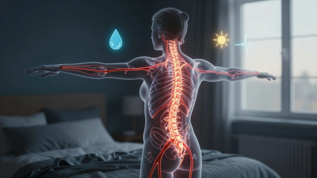 Схема тела с потоками энергии и символами воды, солнца и сердцебиения при утренней зарядке.