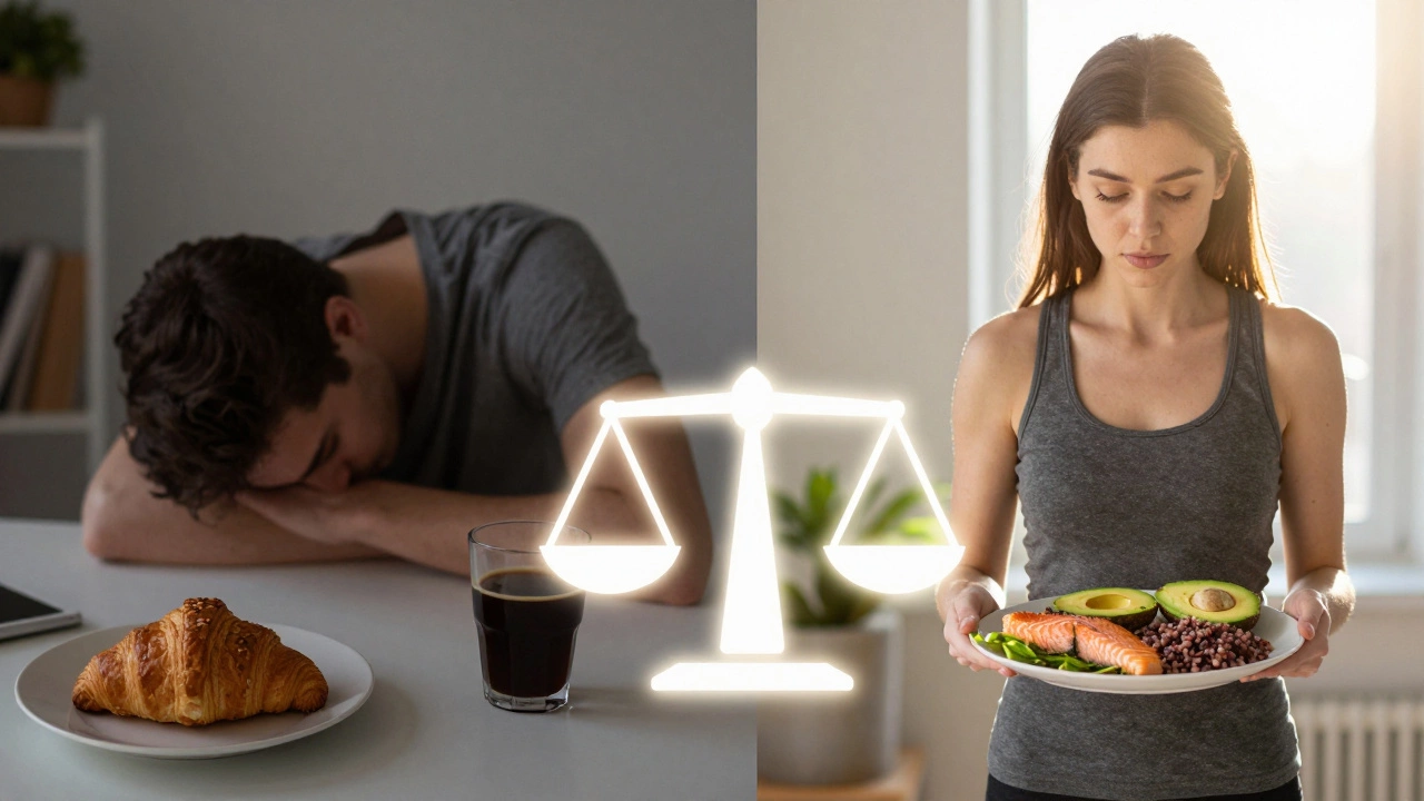 Сравнение утренней энергии: усталость от сладкого завтрака и бодрость от сбалансированного.