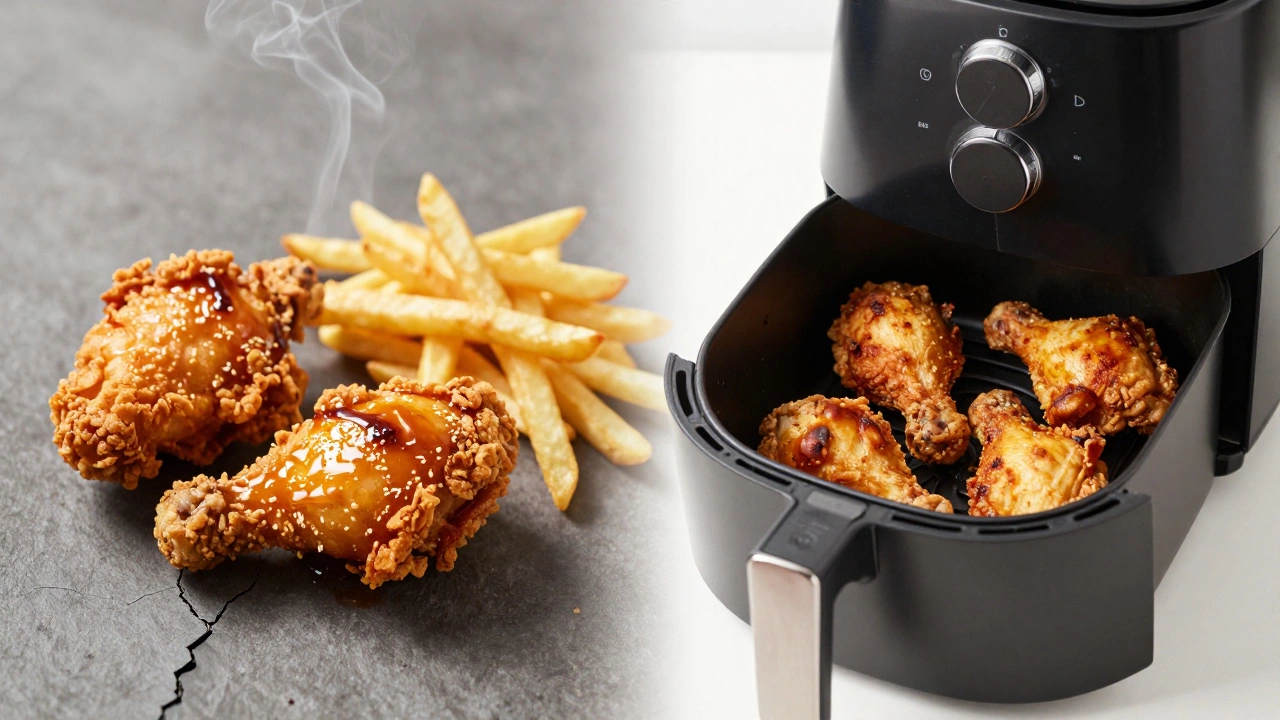 Сравнение жареной и запечённой еды: слева — жирная, справа — хрустящая и здоровая.