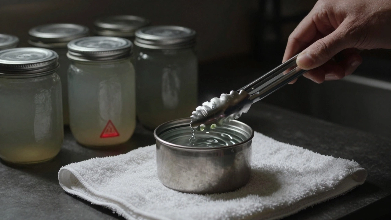 Стерилизованная крышка на полотенце, рядом с банками, одна из которых слегка вздулась.