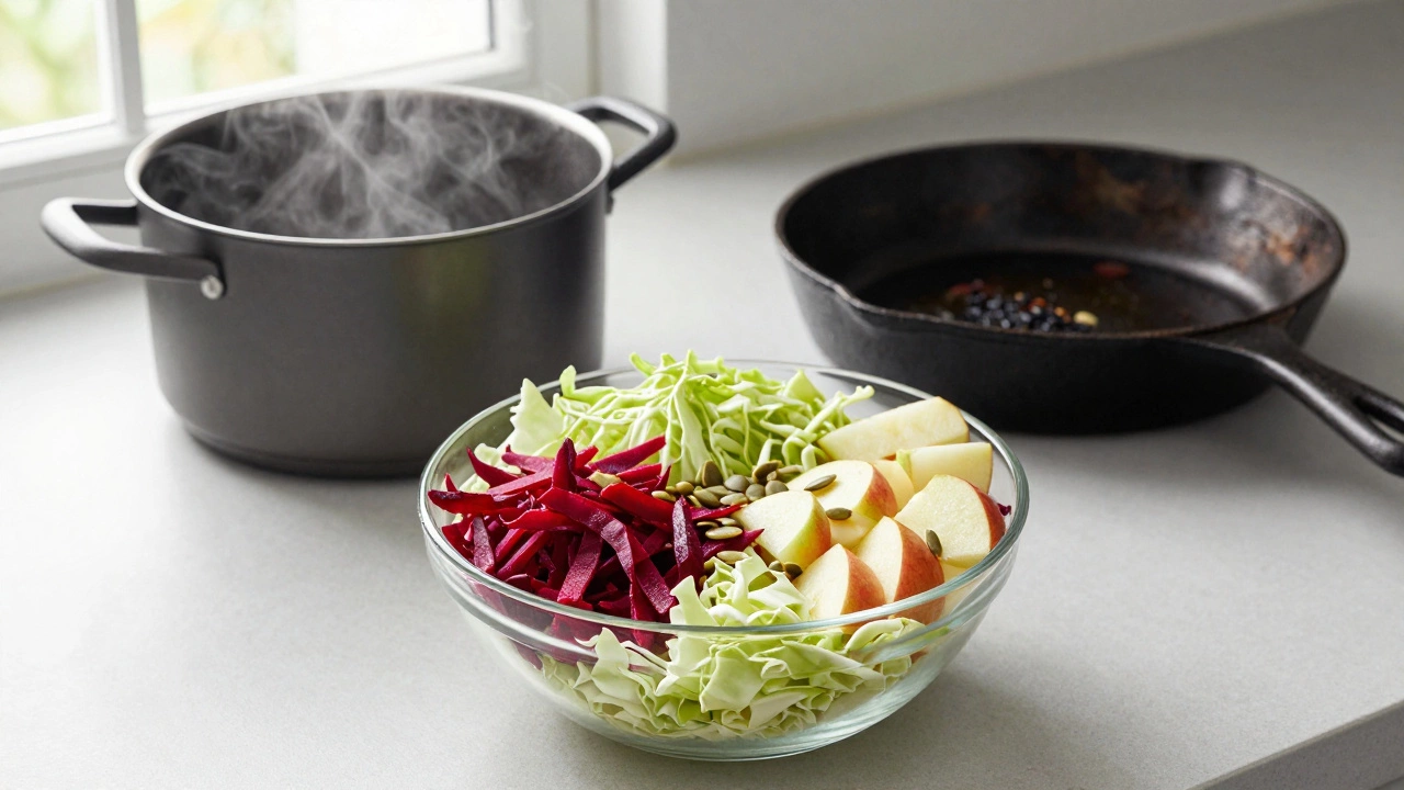 Свежий салат из сырых овощей рядом с жареной сковородой — контраст здорового и вредного приготовления.