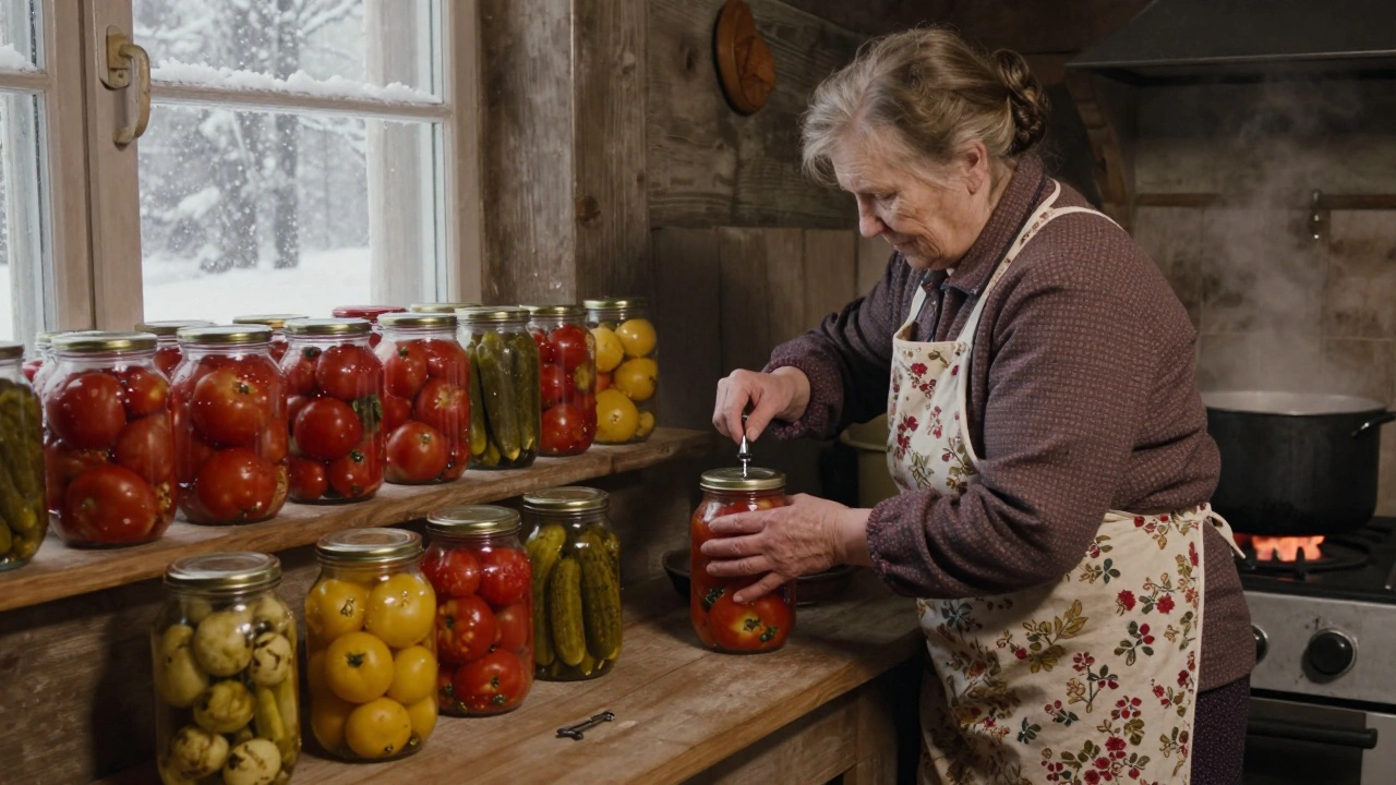 Женщина в советской кухне закатывает овощи в банки, полки заставлены заготовками на зиму.