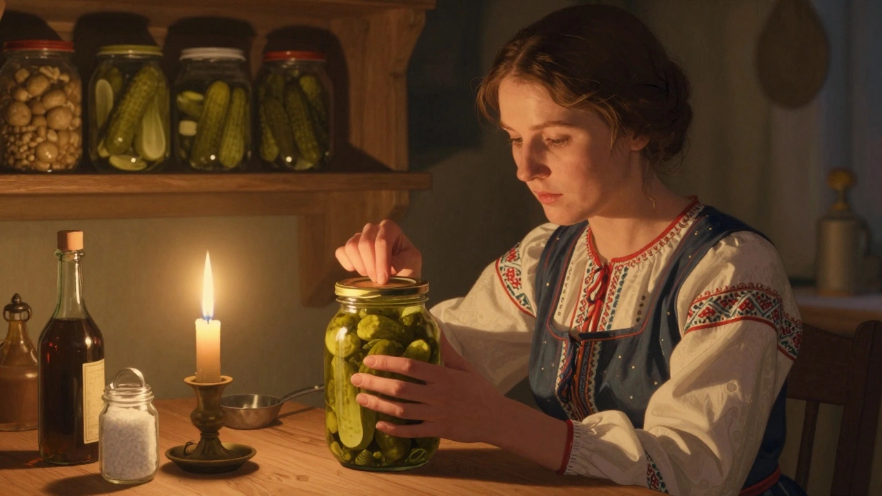 Женщина в традиционном одеянии проверяет герметичность банки с соленьями при свете свечи.