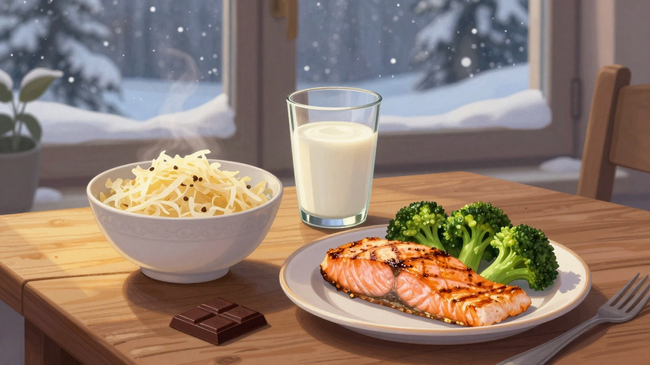 Зимний обед с квашеной капустой, кефиром, лососем и тёмным шоколадом