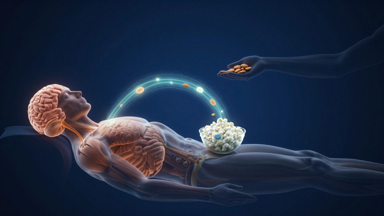 Абстрактное изображение тела с потоками питательных веществ от полезной пищи к мозгу и мышцам.