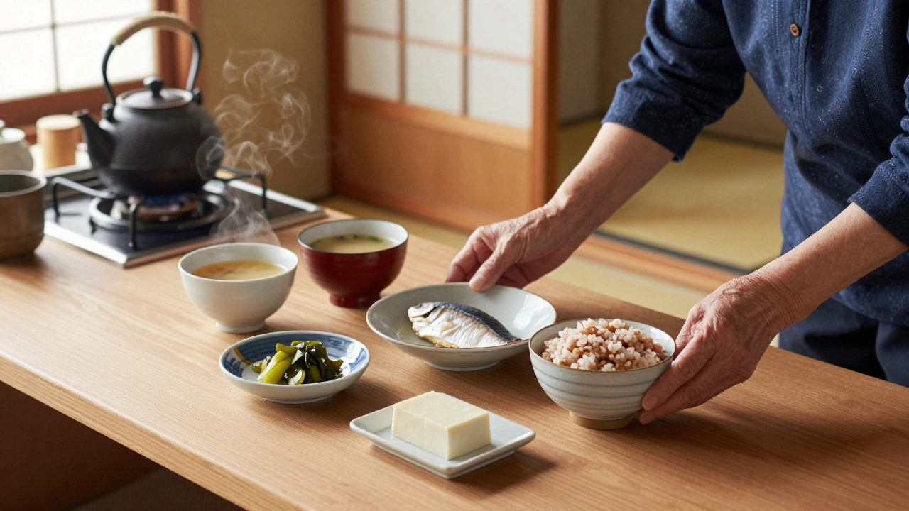 Японская пожилая женщина готовит минималистичный обед: суп мисо, рис, тофу и маринованные овощи.