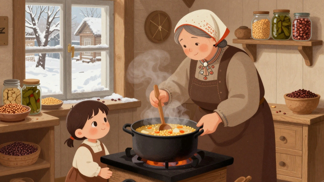 Бабушка в платке варит похлёбку из чечевицы на печи, рядом — зерна и соленья.