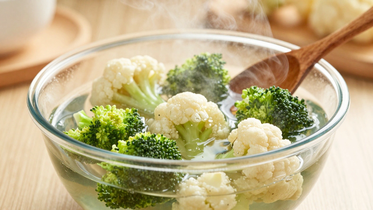 Брокколи на пару в пароварке, поднимающийся пар и золотистый свет.