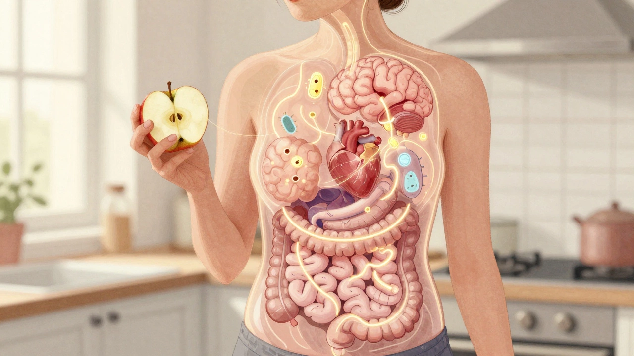 Человек ест яблоко, внутри тела видны светящиеся полезные бактерии, связанные с мозгом и сердцем.