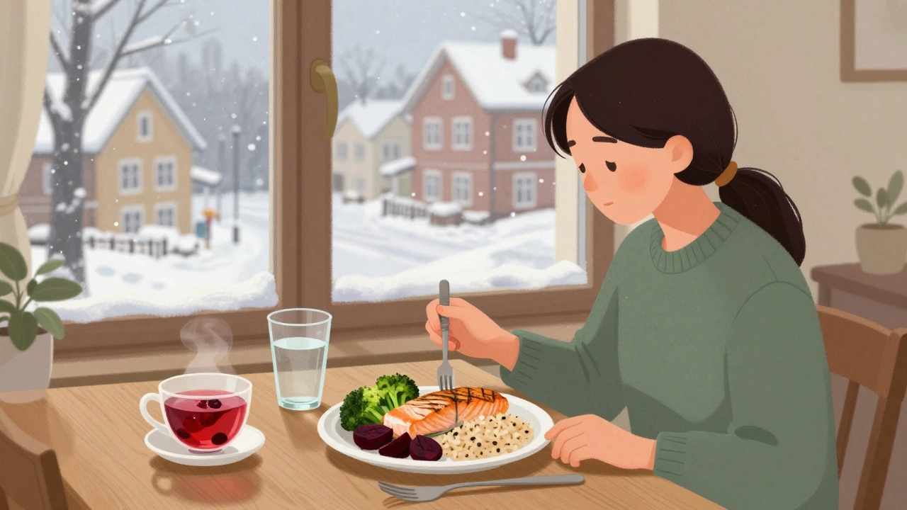 Человек ест сбалансированный обед с лососем и брокколи у окна, за которым идет снег.
