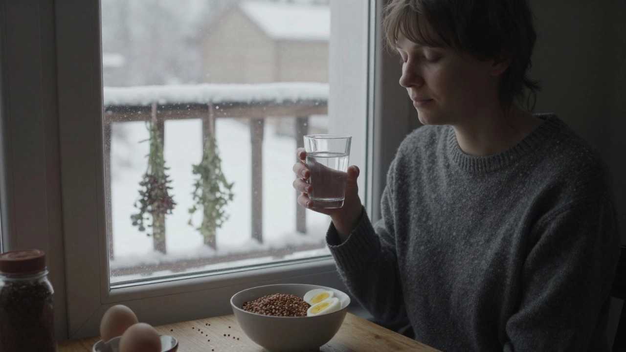 Человек пьёт воду перед едой у окна, за окном — снег, на столе — гречка и яйцо, лицо спокойно.