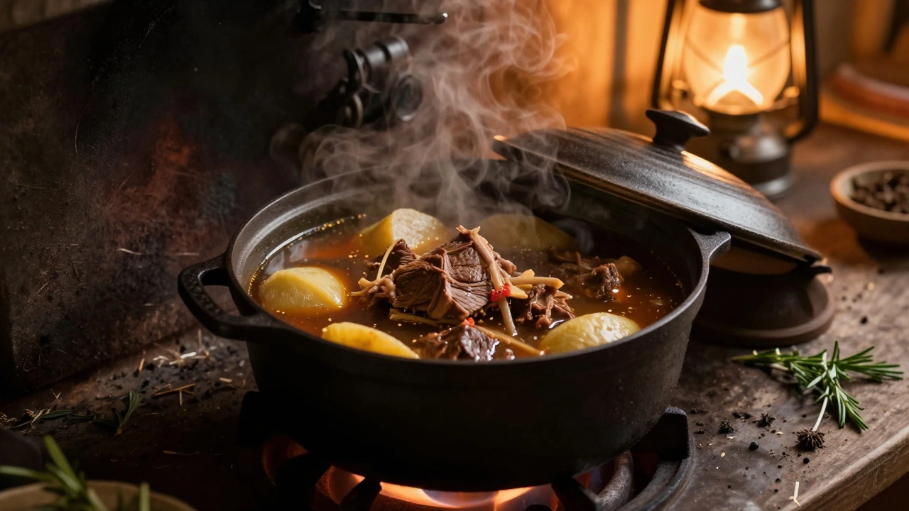 Чугунный горшок с тушеным мясом и овощами на деревянной плите, медленно кипящий.
