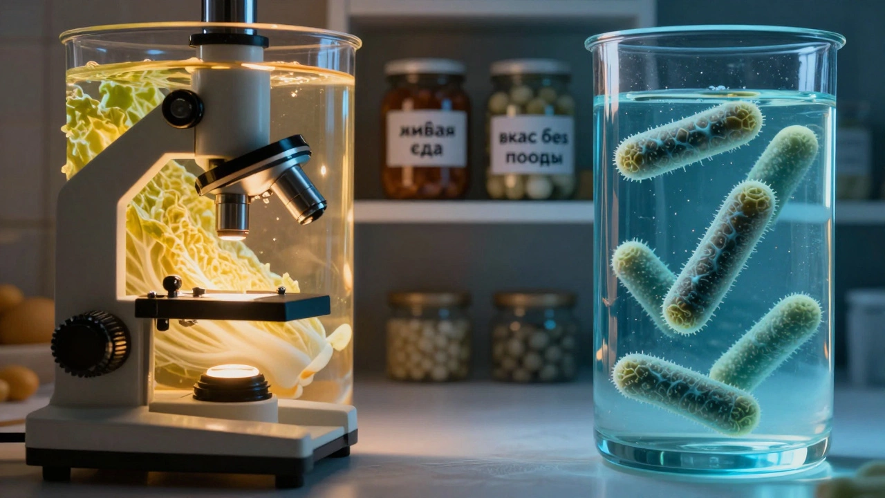 Два сценария: живые бактерии в квашеной капусте и мертвые в уксусе, визуально противопоставленные