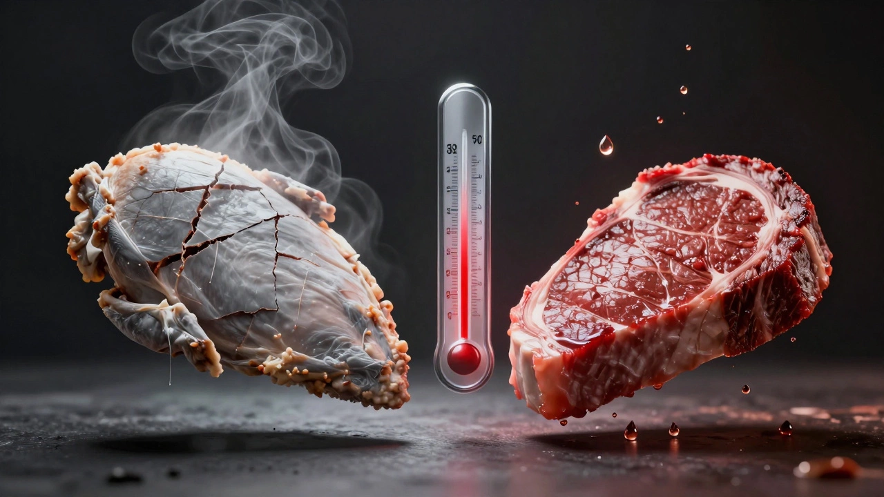 Два состояния мяса: сухое и сочное, разделены показанием термометра.
