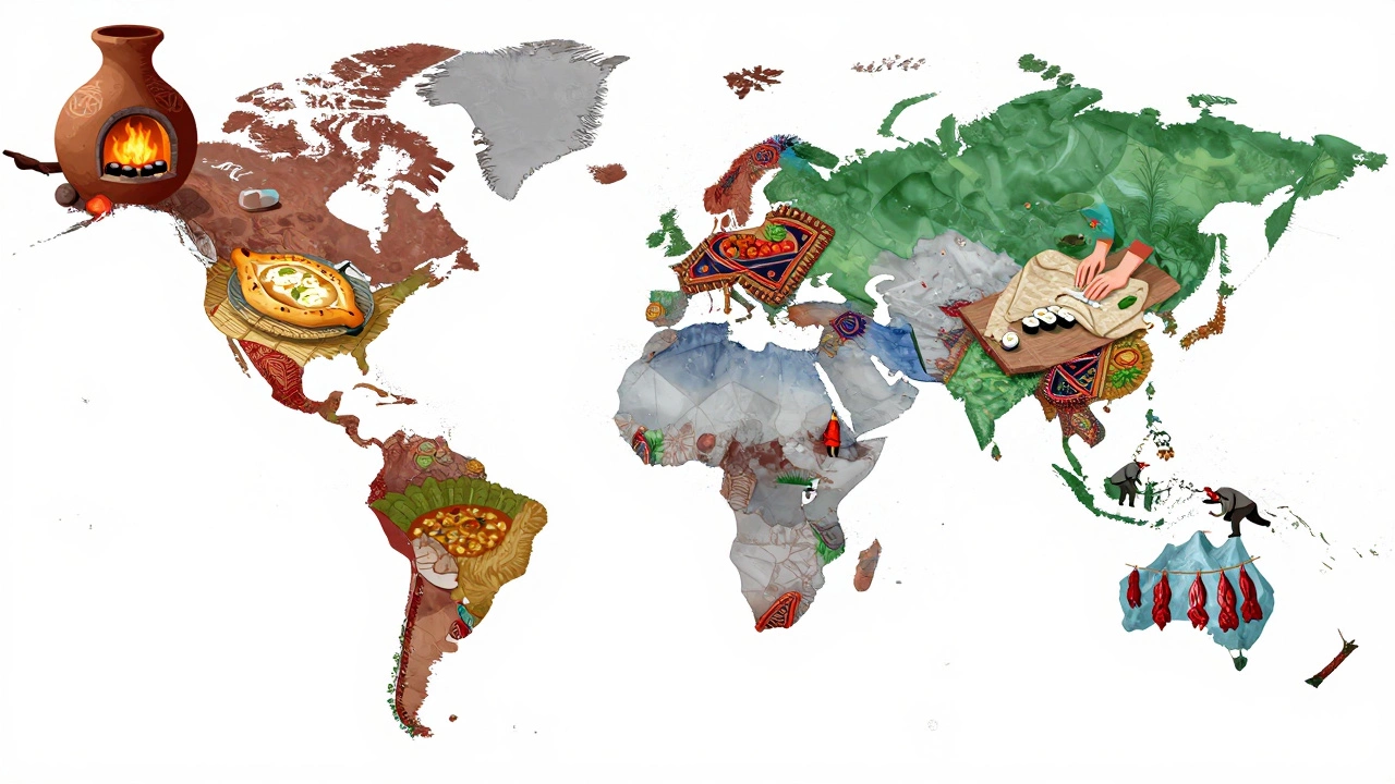 Глобальная карта кухонь мира, где каждая традиция изображена как цветной узор: грузинские хачапури, эфиопская инжера, японские суши и инуитская сушка мяса.