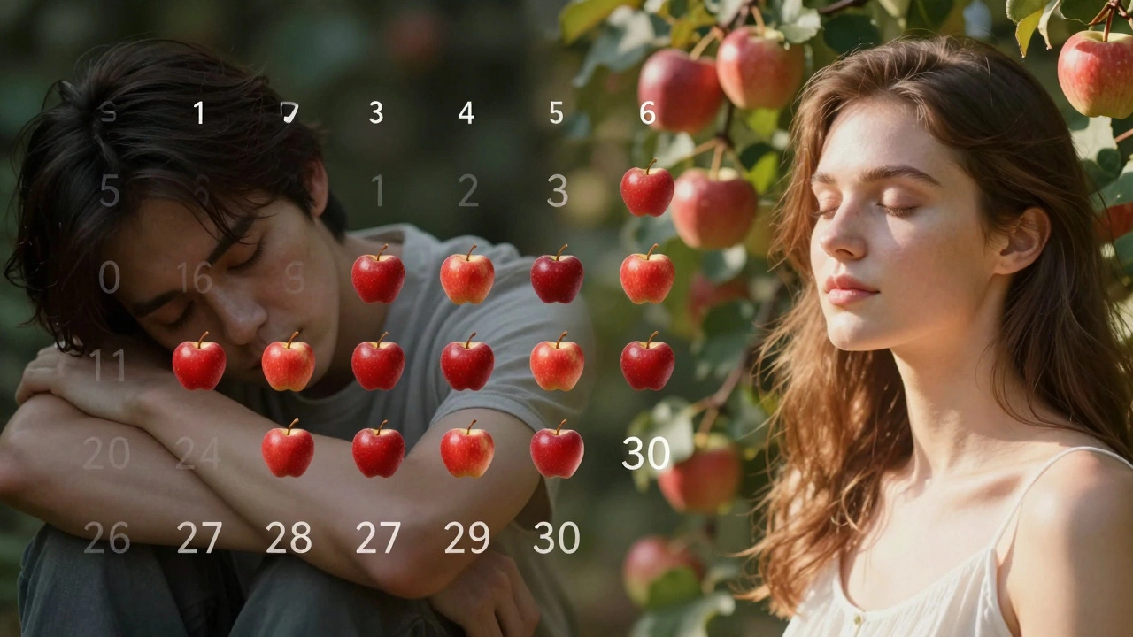 Календарь на 30 дней с яблоками, показывающий переход от усталости к энергии и здоровью.