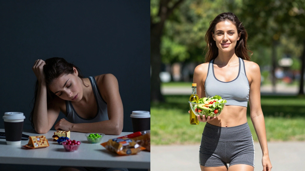 Контраст: усталость от сладостей против энергии от правильного питания на природе.