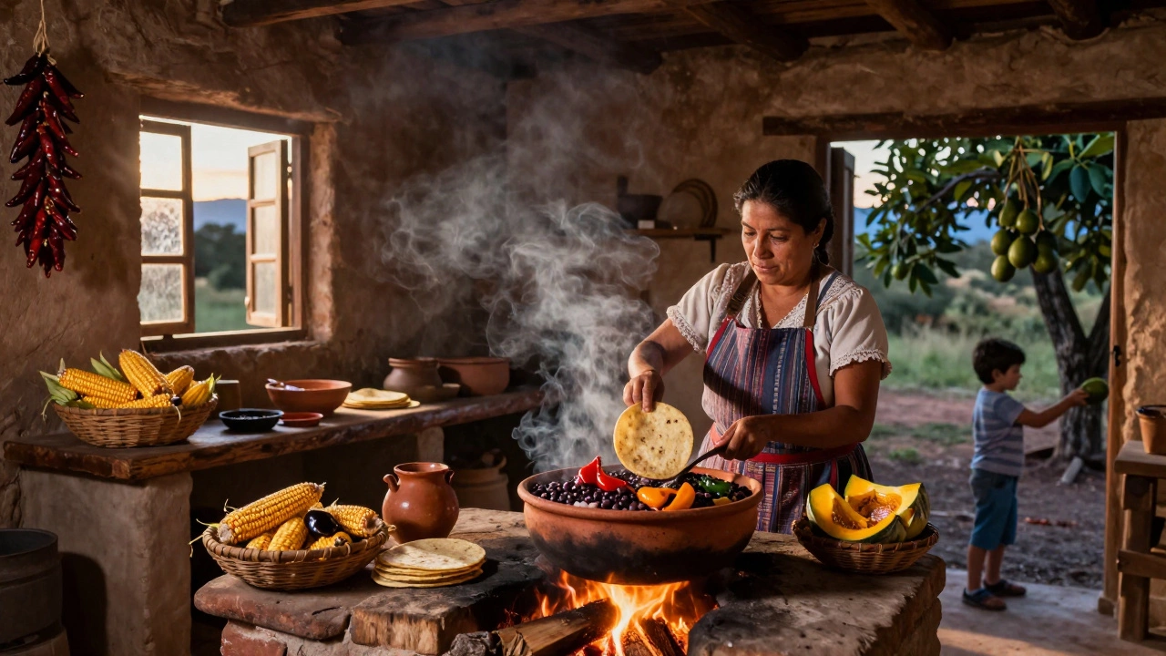 Мексиканская деревенская кухня: женщина варит блюдо из кукурузы, бобов и перца на огне.