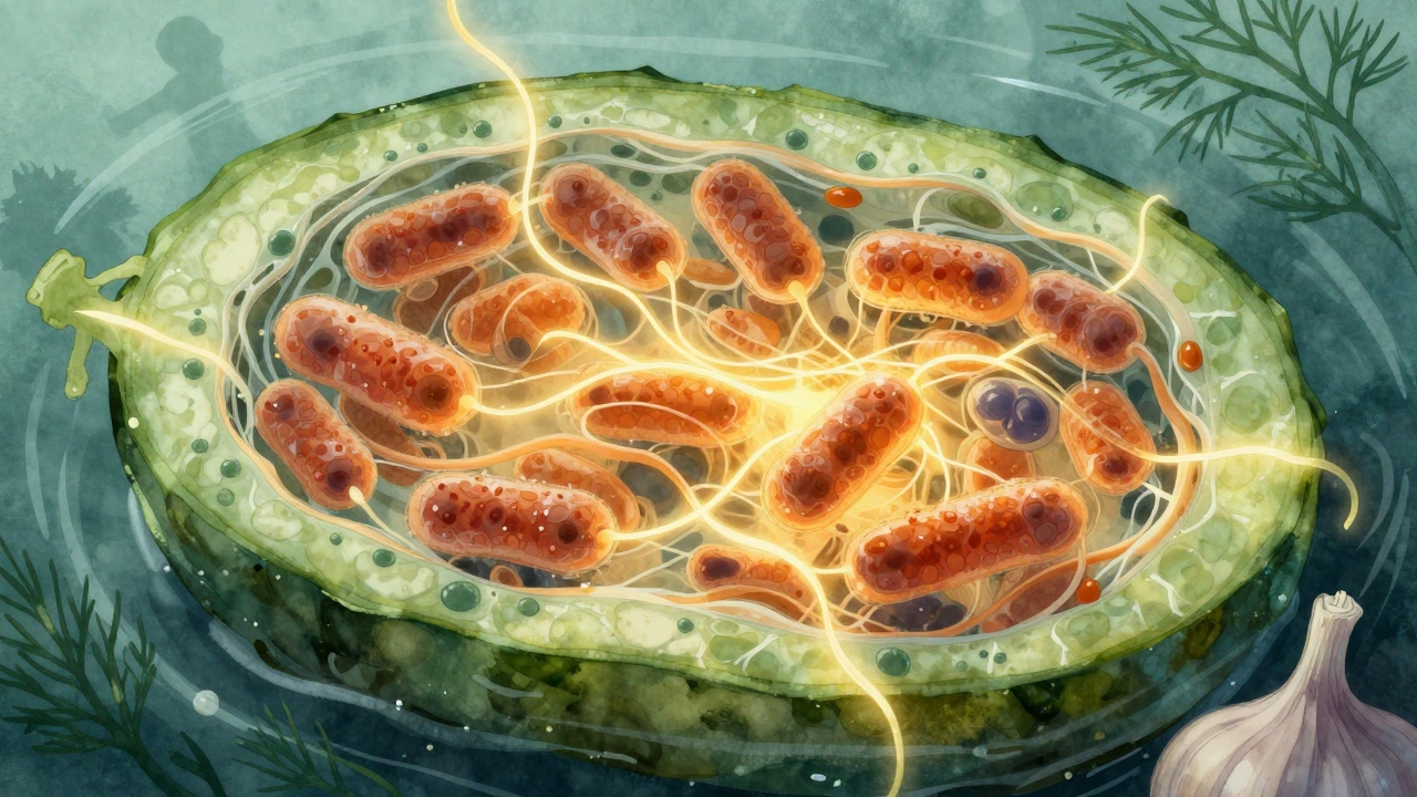 Микроскопический вид внутри огурца: живые бактерии и молочная кислота, разрушающие сахара в клетках овоща.