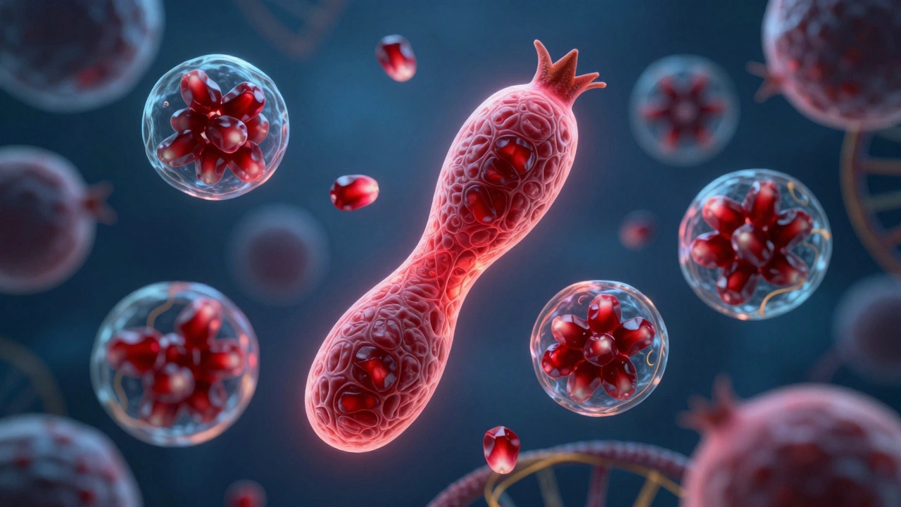 Микроскопическое изображение клеток с удлинёнными теломерами, окружённых молекулами граната