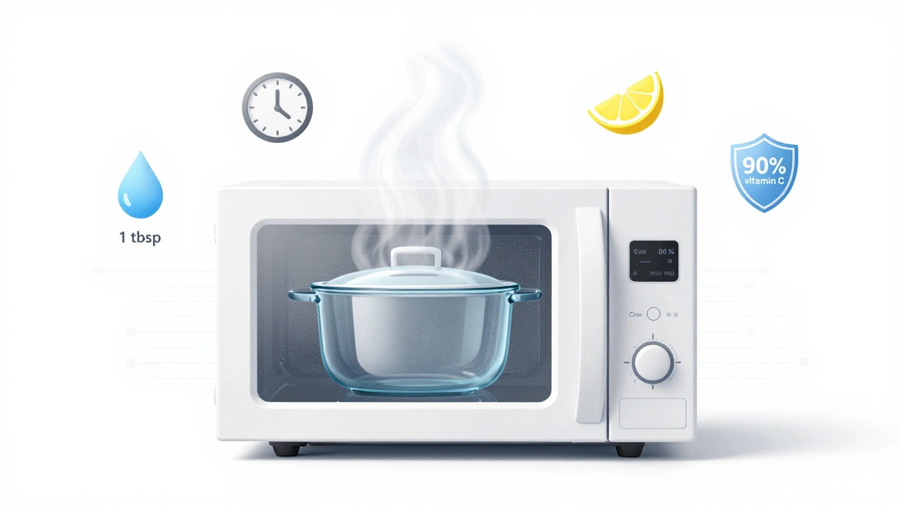 Микроволновка с овощами и символами сохранения витамина С.