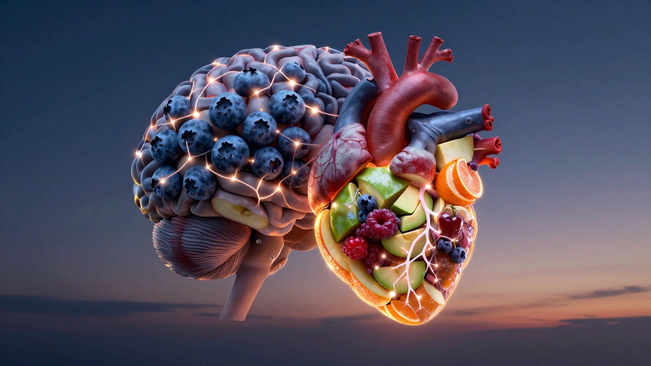 Мозг и сердце, составленные из фруктов: черника, яблоко, авокадо и апельсин, на фоне рассвета.