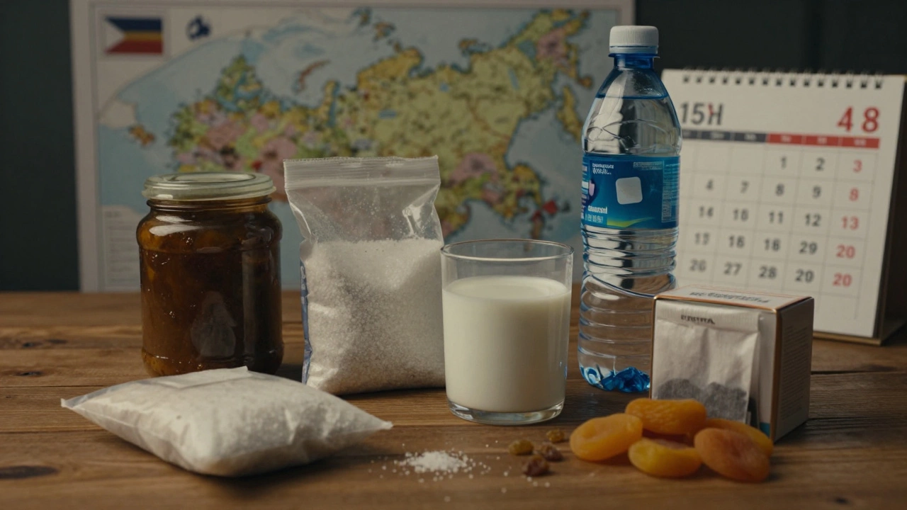 На деревянном столе лежат основные продукты для выживания: консервы, соль, сухое молоко, чай и вода с таблеткой.