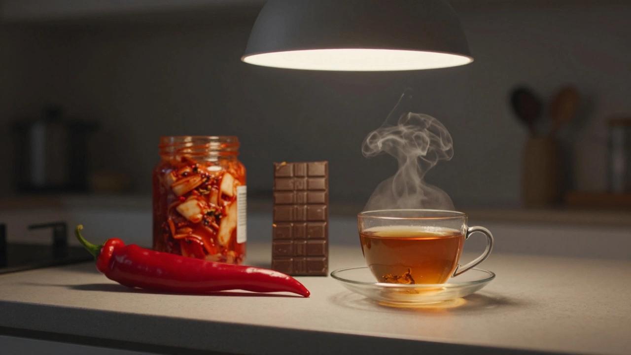 На кухонной стойке — острый перец и шоколад рядом с чашкой ромашкового чая.