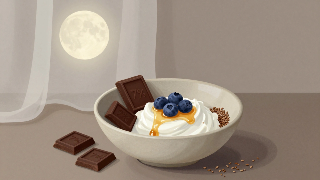 Натуральный йогурт с ягодами, темный шоколад и льняное семя на керамической тарелке